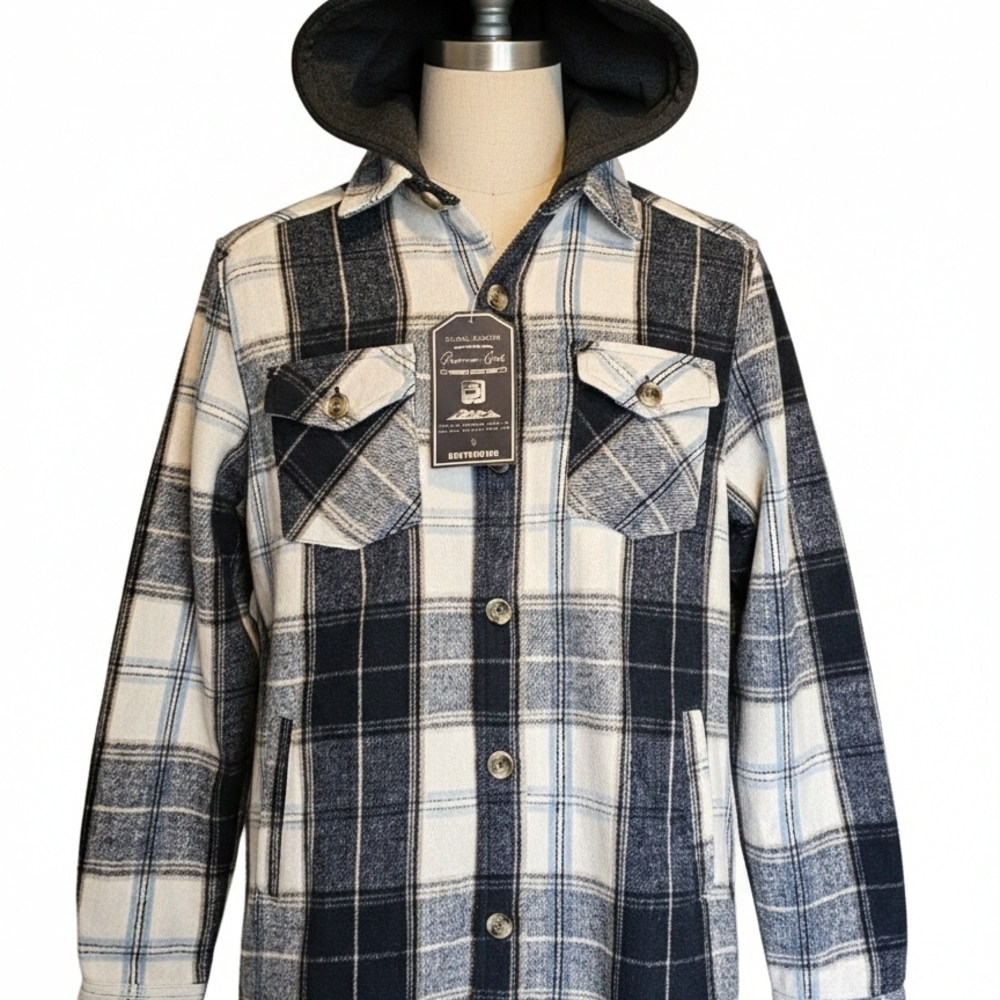 Distortion Men’s Plaid Hooded Shacket Jacket Sherpa Lined Wool Blend NWT L